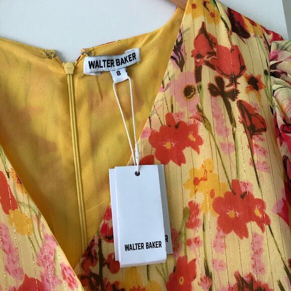 Walter Baker Butter Yellow Floral Print Dress Puff Short Sleeve Faux Wrap 8 $228 - Picture 4 of 11